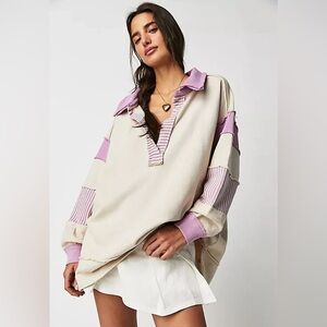 Free People Women's Cream and Purple Oversized Top